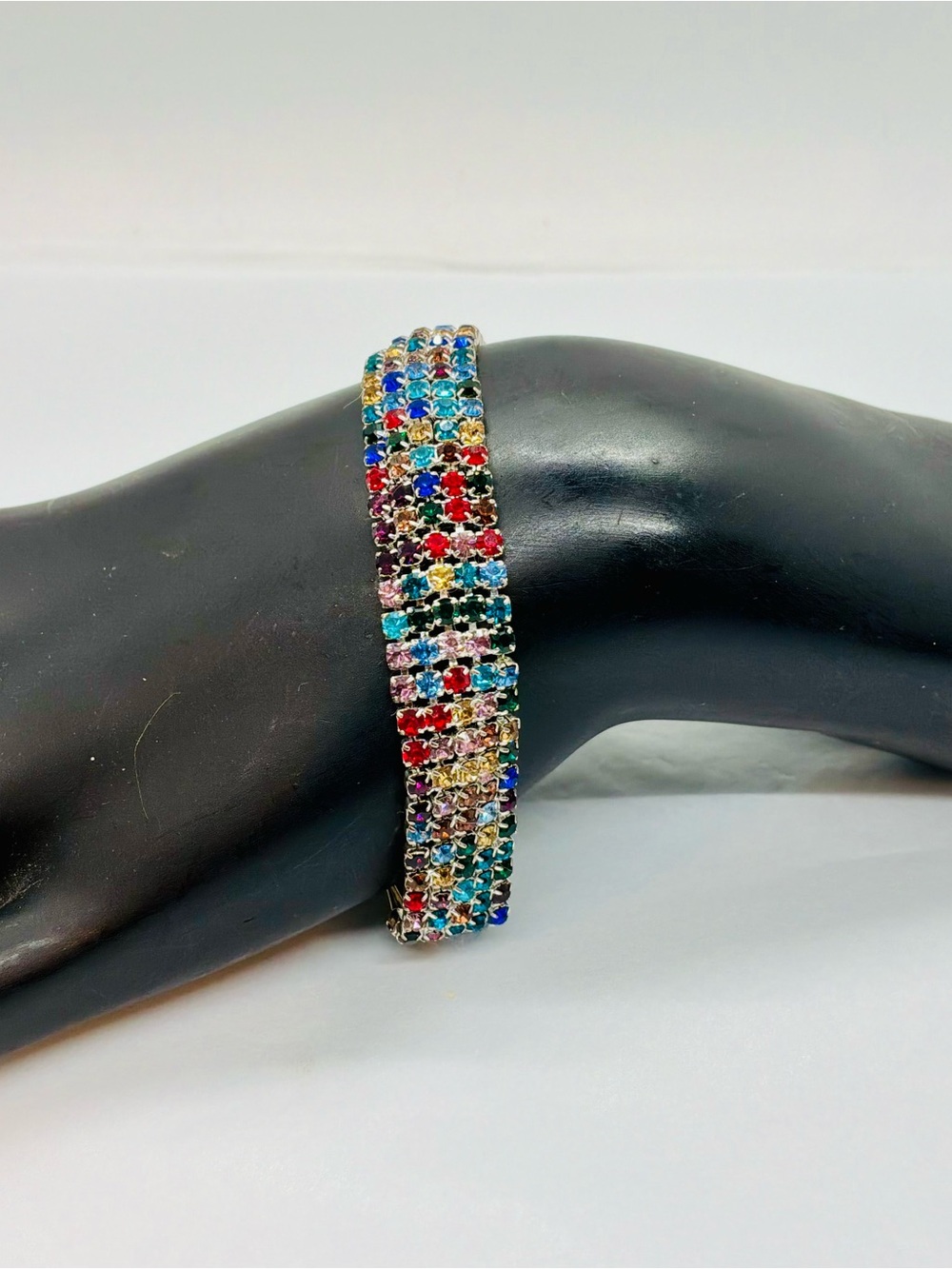 Multicolor Crystal Statement Bracelet, Rainbow Rhinestone Silver-Tone Bracelet